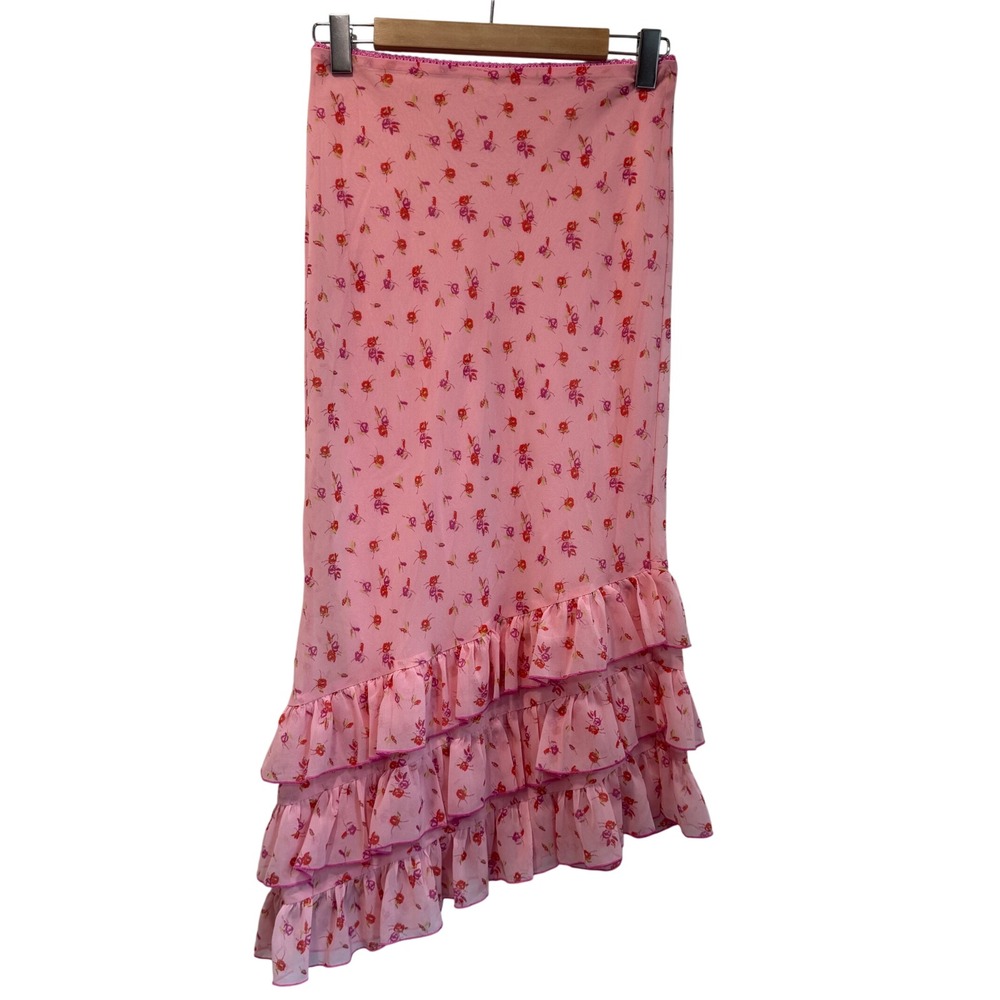 Urban Outfitters Kimchi Blue Pink‎ Floral Asymmetrical Ruffle Midi Skirt Medium